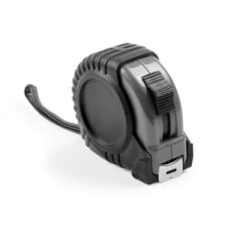 A black tape measure with a textured grip and a retractable design. It features a locking mechanism for measurements.