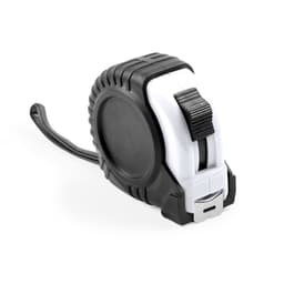 A black and white tape measure with a textured grip and a locking mechanism. It features a retractable measuring tape.