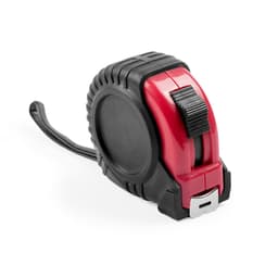 A red and black tape measure with a textured grip and a retractable measuring tape. Features a branding logo.