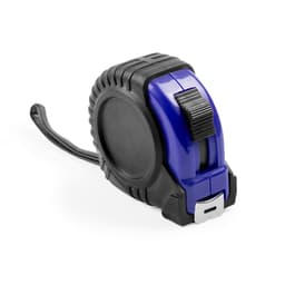 A tape measure in black and blue with a textured grip and a metal end hook. It features a logo on the side.
