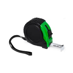 A tape measure in black and green, featuring a blade and a measuring hook. It includes a strap for easy handling.