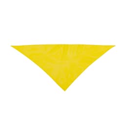 A yellow triangular scarf with a glossy finish, featuring a logo.