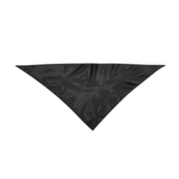 A triangular black scarf with a smooth texture, featuring a small logo.