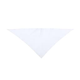 A white triangular scarf made of soft fabric, featuring a logo on one side.