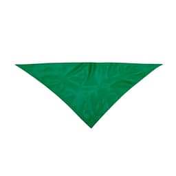 A green triangular scarf with a smooth texture, featuring a branding logo.
