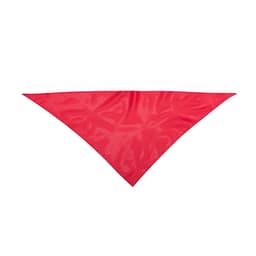 A triangular scarf in bright red with a smooth texture, featuring a logo in one area.