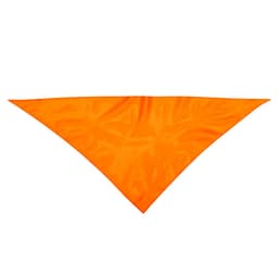 An orange triangular scarf made of smooth fabric, featuring a logo in one corner.