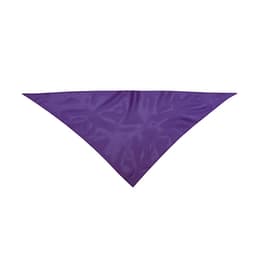 A triangular purple scarf made from a smooth fabric, featuring a simple design and a logo.