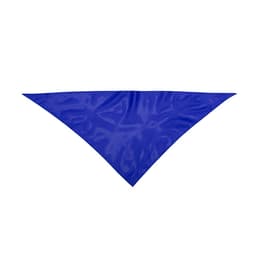 A triangular blue scarf with a shiny finish, featuring a branding logo.