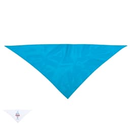 A triangular scarf in a vibrant turquoise colour with a small logo on one corner.