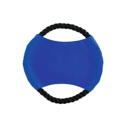 A blue frisbee with a black rope handle, designed for throwing and play. Features a simple, round shape.