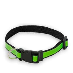 A black pet collar with a reflective green stripe and a black plastic buckle. It features a metal D-ring for attaching tags.