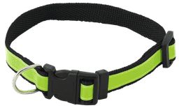 A pet collar featuring black fabric with a bright green reflective strip and a black buckle. Includes a metal D-ring.