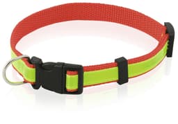 A bright red pet collar with reflective green detailing and a black clasp. Suitable for various pet sizes.