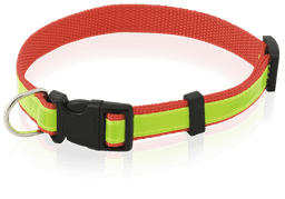 A vibrant red and neon yellow pet collar featuring a secure buckle and reflective strips for visibility.