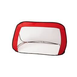 A pop-up tent with a red exterior and black trim, featuring an open design and a white interior.