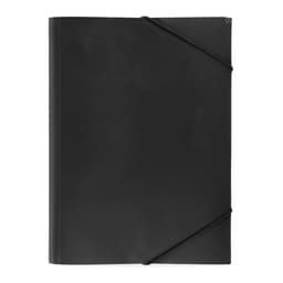 A black compendium folder with an elastic closure, featuring a smooth finish and modern design.