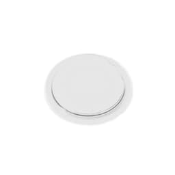 A round, clear mirror with a smooth surface, featuring a thin border. It has a simple design and reflects light.