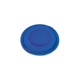 A round blue mirror with a smooth surface and a hinged opening. It includes a branding logo.