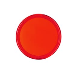 A red circular mirror with a glossy finish. The mirror has a central button and features a branding logo.