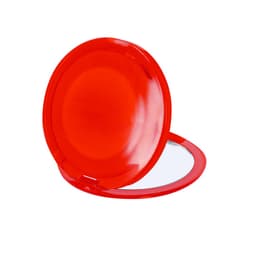 A red compact mirror with a hinged design, featuring a reflective surface inside. It has a simple, sleek look.