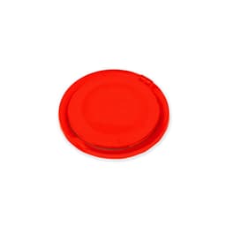 A round red mirror with a smooth surface. The item features a logo on its design.