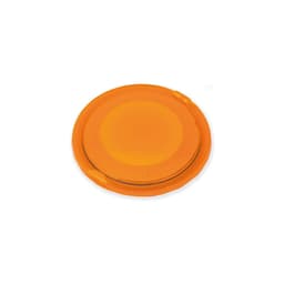 An orange circular mirror with a smooth surface and a small clip on the side. Features a logo on the surface.