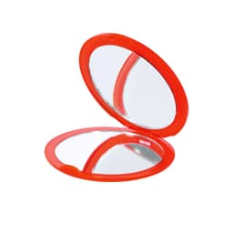 A compact mirror with a bright red casing and two reflective surfaces inside. It includes a small branding logo.