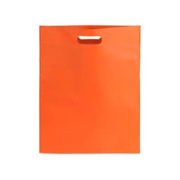 An orange bag with a handle, featuring a smooth surface and a simple design. It has branding on the bag.