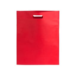 A red promotional bag with a handle and a plain design, featuring a logo on the front.