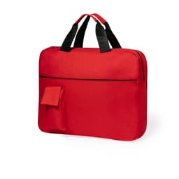 A red document bag with black straps, featuring a side pocket and a zippered main compartment.