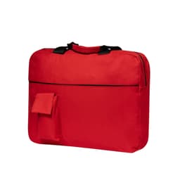 A red document bag with black trim, featuring a front pocket and dual handles for carrying.