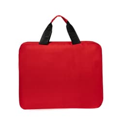 A red document bag with black handles, featuring a logo on the front.