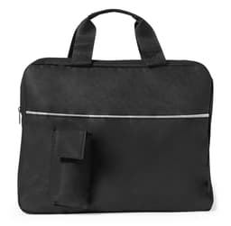 A black document bag with dual handles, featuring a front pocket and a logo. Made from durable material.