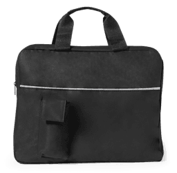 A black document bag with a handle, featuring a side pocket and a logo. Suitable for carrying files and essentials.