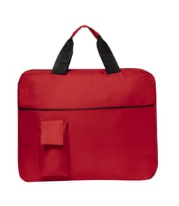 A red document bag with a black handle and a small pocket on the front. It has a simple design and a logo.
