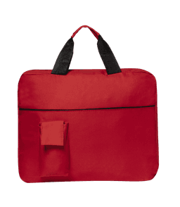 A red document bag featuring black handles and a side pocket, with a logo on the front.