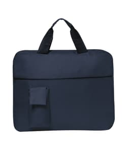 A navy document bag with dual handles and a side pocket. It features a logo.