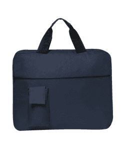 A navy document bag featuring dual handles and a front pocket, with an attached accessory pouch.