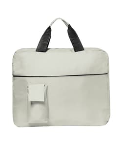A grey document bag with black handles and a front pocket, featuring a simple design and a logo.