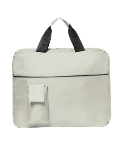 A beige document bag with black handles and a side pocket. It features a minimalist design and has a logo.
