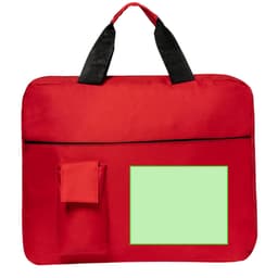 A red Konfer Document Bag with a front pocket and a blank area for branding, featuring black handles.