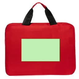 A red document bag with black handles and a blank green area for customisation.