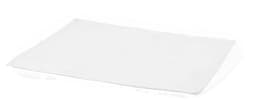 A white placemat with a rectangular shape, featuring a textured surface and a subtle logo.