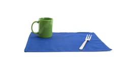 A blue placemat with a green mug and a silver fork on it, featuring a logo.