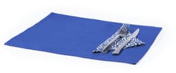 A blue placemat with a patterned napkin and cutlery neatly arranged on top. It features a simple design and has a logo.