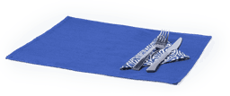 A blue placemat featuring a fork and knife placed on a folded napkin with a decorative pattern.