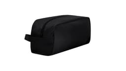 A black travel bag with a zip closure and a side handle, featuring a rectangular shape.