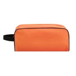 An orange bag with a black trim and handle, featuring a simple, sleek design and branding.