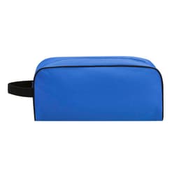 A blue bag with a black trim and a carrying handle, featuring a logo on the side.